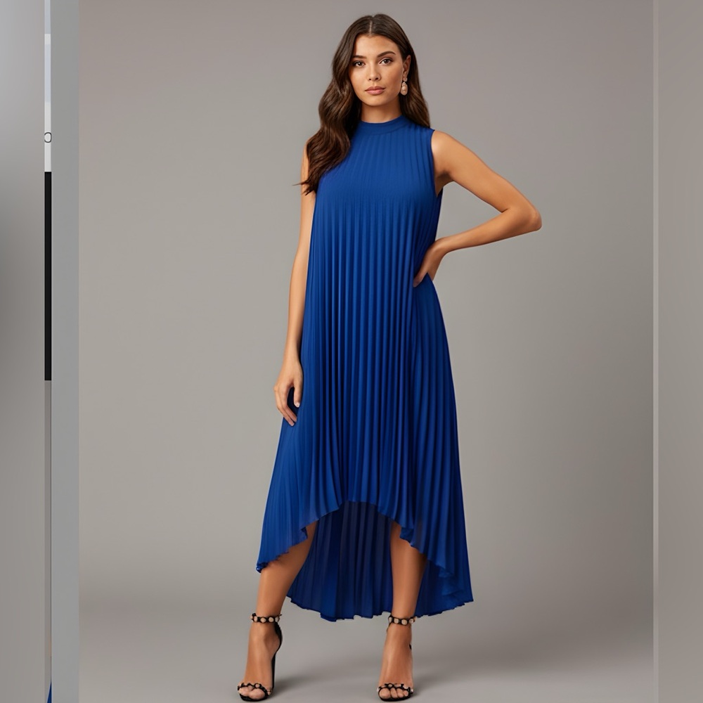 High Low Hem Pleated Swing Dress Blue